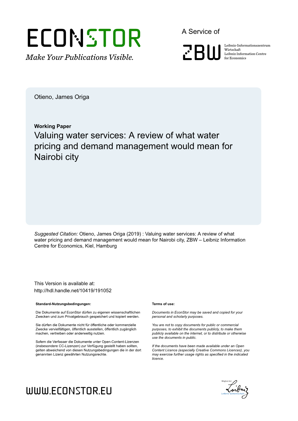 A Review of What Water Pricing and Demand Management Would Mean for Nairobi City