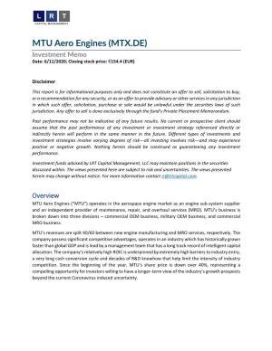MTU Aero Engines (MTX.DE) Investment Memo Date: 6/11/2020; Closing Stock Price: €154.4 (EUR)