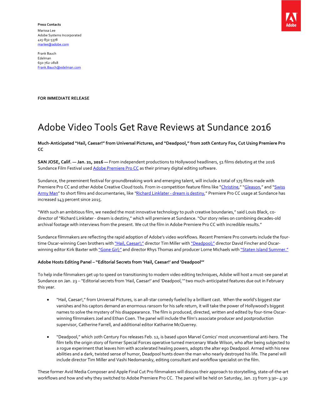 Adobe Video Tools Get Rave Reviews at Sundance 2016