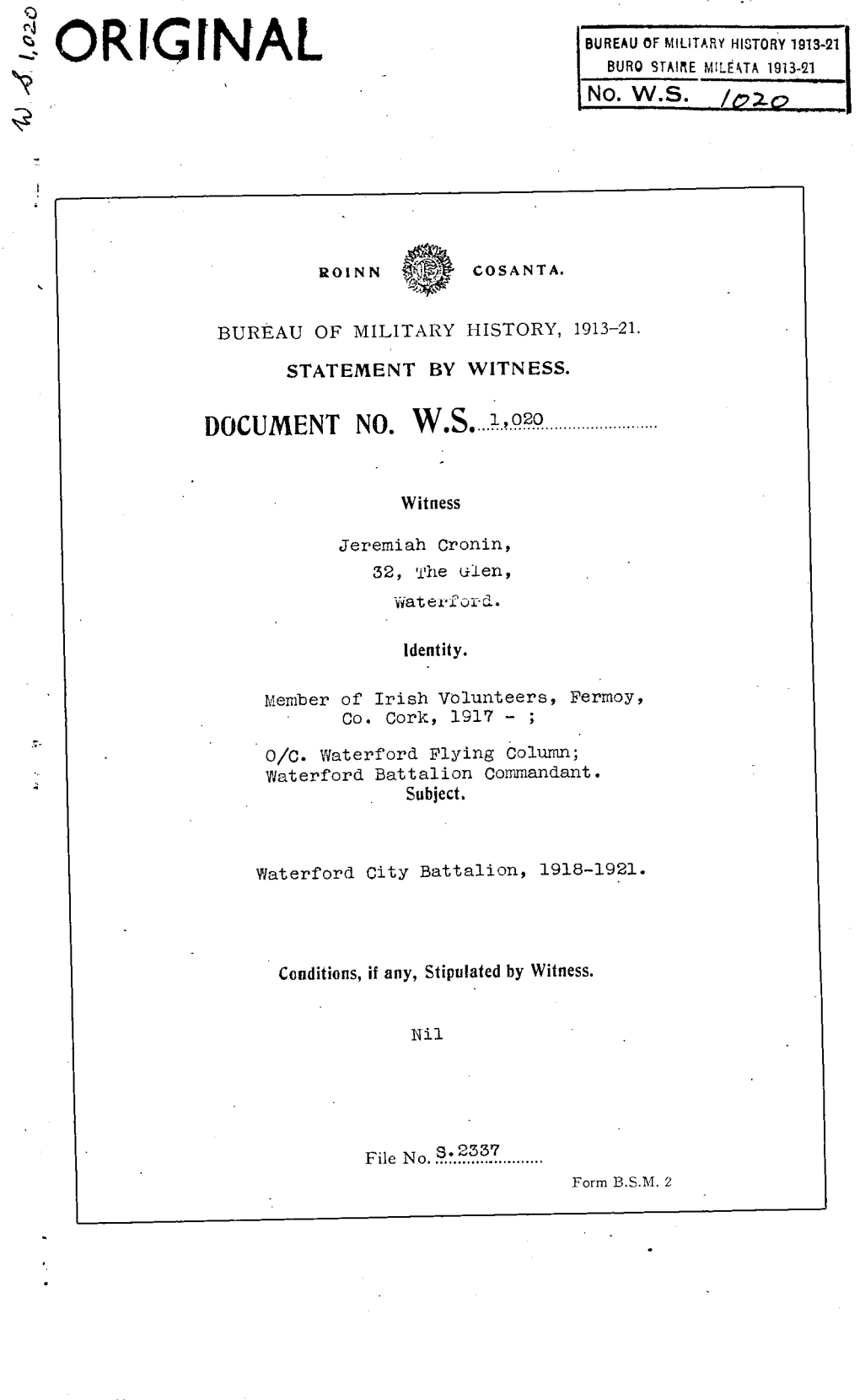 Bureau of Military History, 1913-21. Statement By