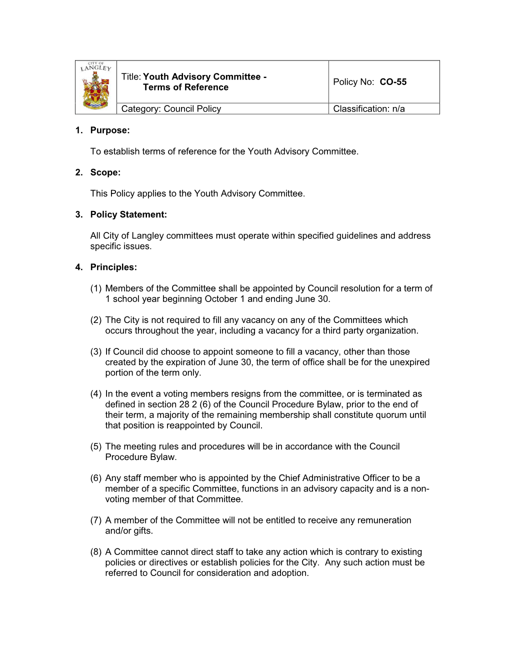 Youth Advisory Committee - Policy No: CO-55 Terms of Reference