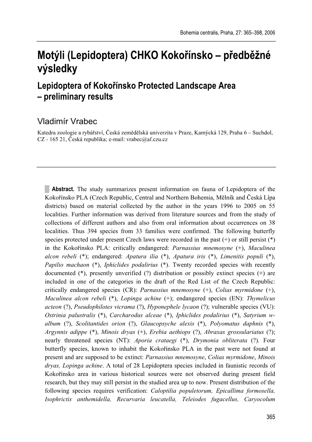 CHKO Kokořínsko – Předběžné Výsledky Lepidoptera of Kokořínsko Protected Landscape Area – Preliminary Results