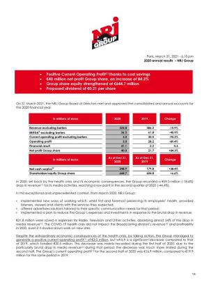Positive Current Operating Profit(1) Thanks to Cost Savings • €40 Million Net Profit Group Share, an Increase of 84.3%