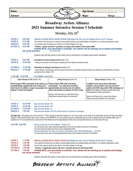 Broadway Artists Alliance 2021 Summer Intensive Session 3 Schedule