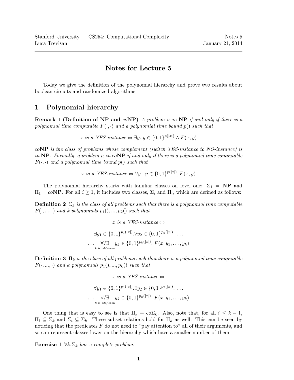 Notes for Lecture 5 1 Polynomial Hierarchy