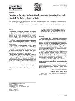 Evolution of the Intake and Nutritional Recommendations of Calcium And