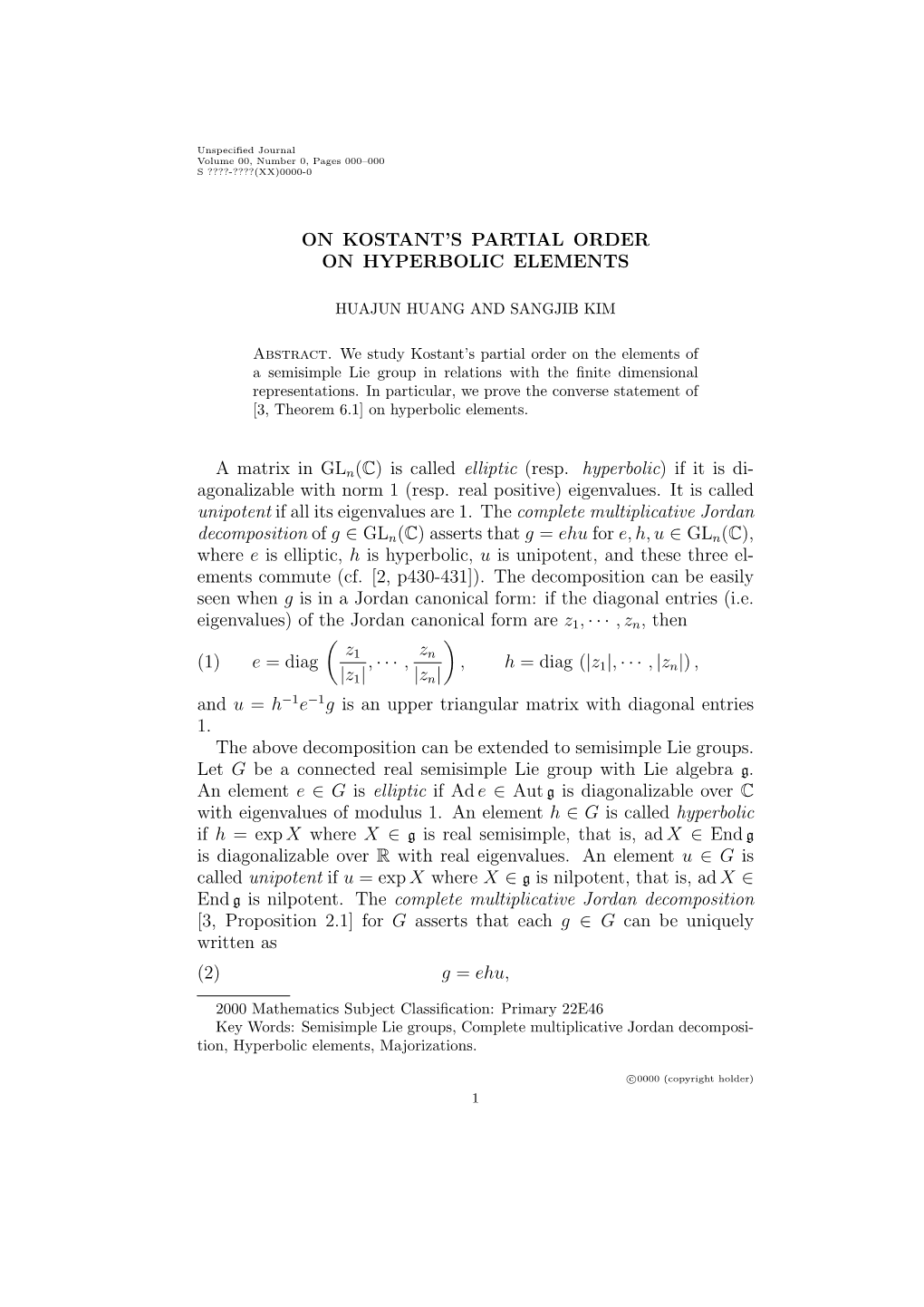 On Kostant's Partial Order on Hyperbolic Elements A