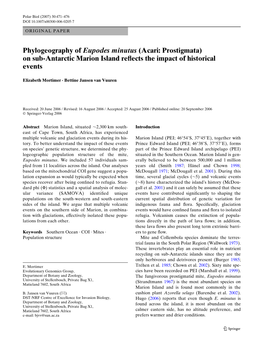 Phylogeography of Eupodes Minutus (Acari: Prostigmata) on Sub-Antarctic Marion Island Rexects the Impact of Historical Events