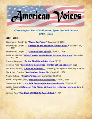 Chronological List of Addresses, Speeches and Letters 1950 - 1959