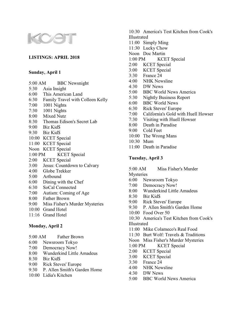 LISTINGS: APRIL 2018 Sunday, April 1 5:00 AM BBC Newsnight 5:30