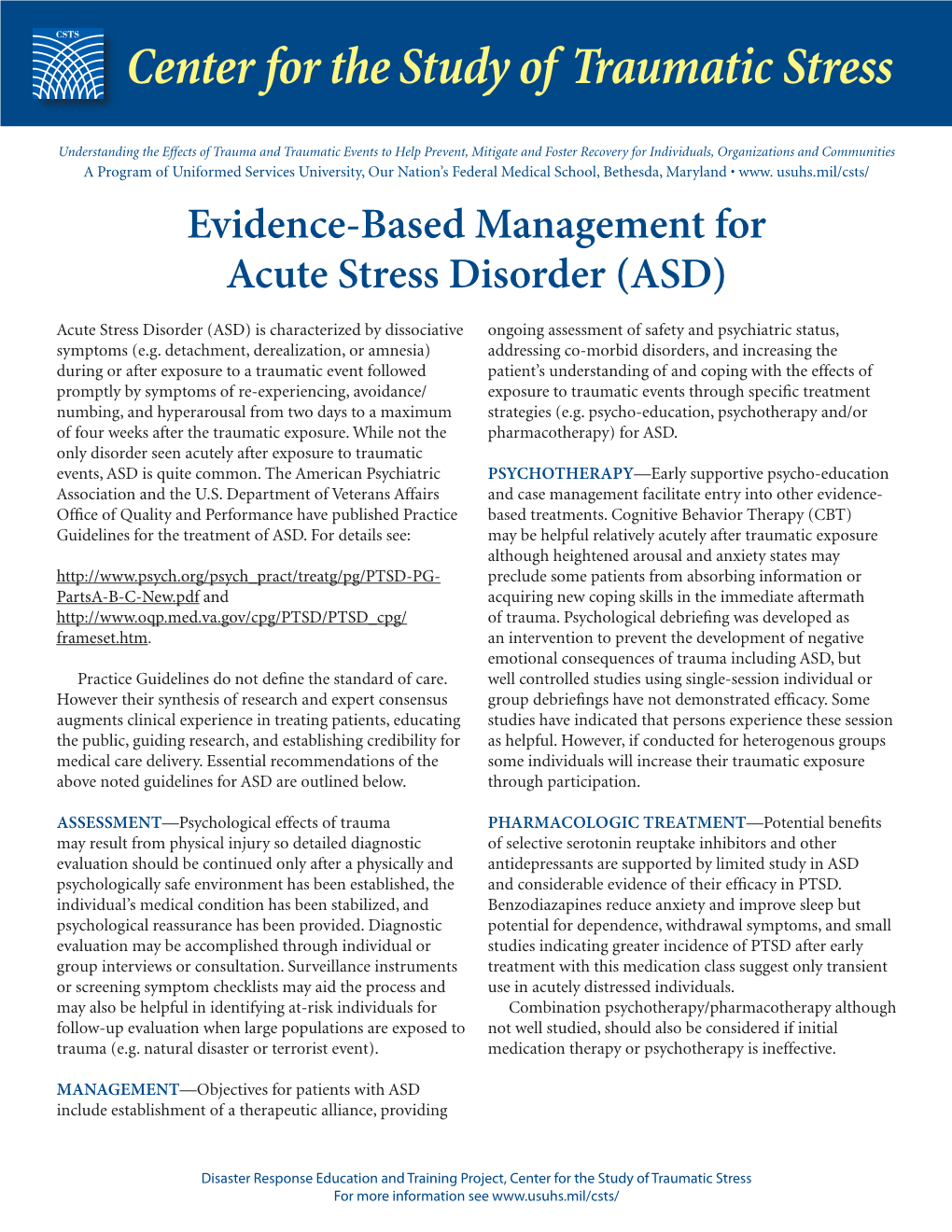 Evidence-Based Management for Acute Stress Disorder (ASD)