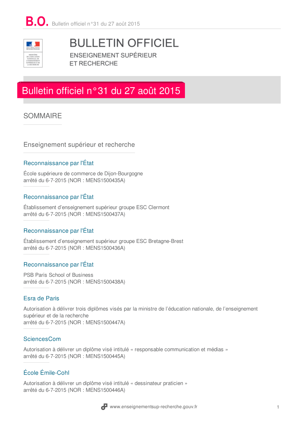 Bulletin Officiel N°31 Du 27 Août 2015