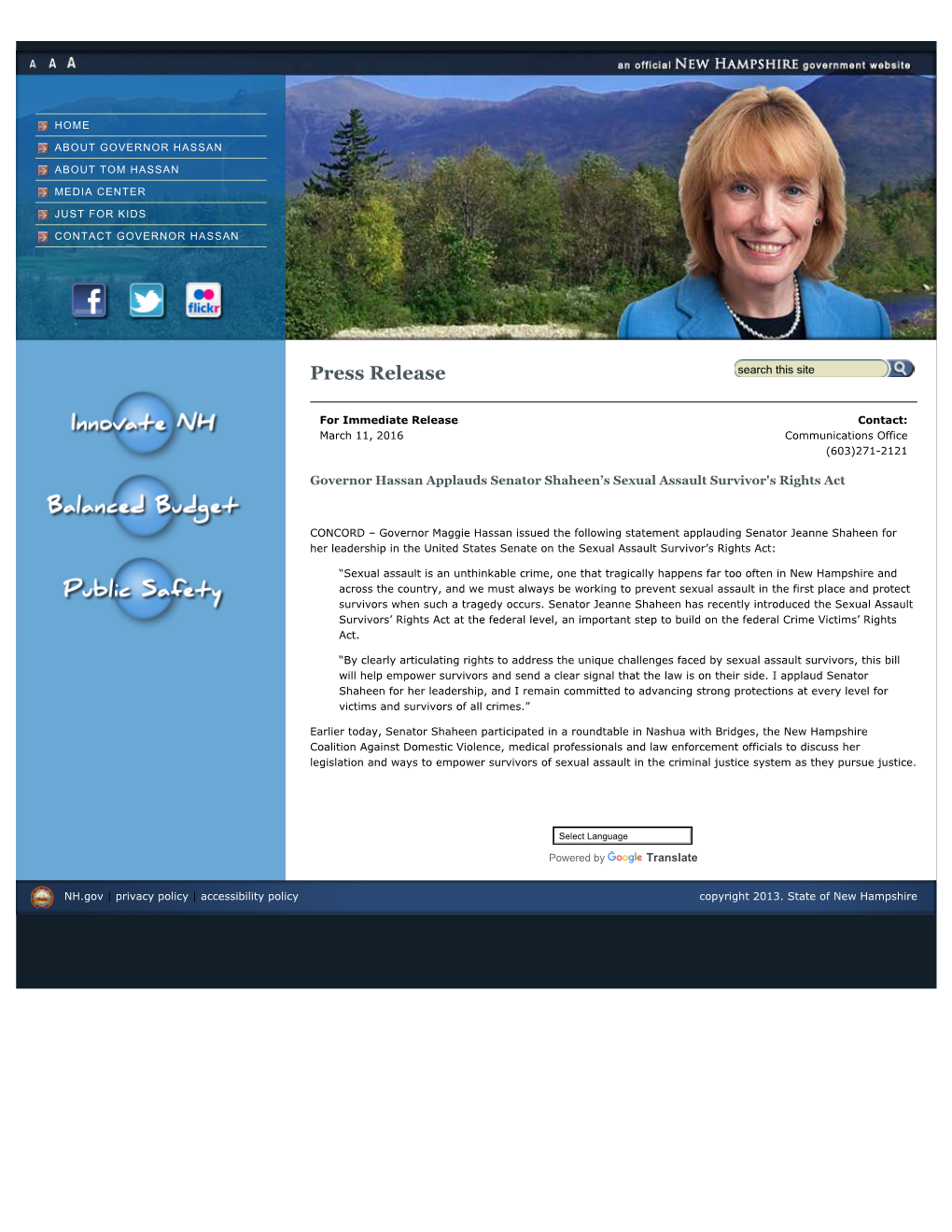 Governor Hassan Applauds Senator Shaheen's Sexual Assault Survivor's Rights Act | New Hampshire Governor Maggie Hassan