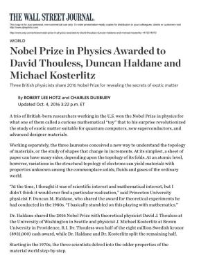 Nobel Prize in Physics Awarded to David...N Haldane and Michael
