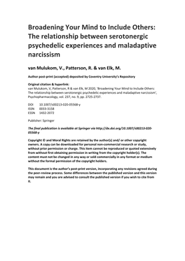 The Relationship Between Serotonergic Psychedelic Experiences and Maladaptive Narcissism Van Mulukom, V., Patterson, R