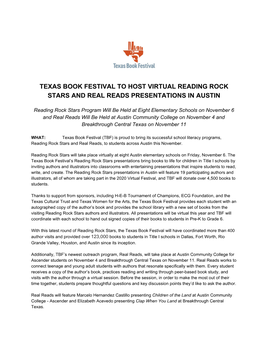 Texas Book Festival to Host Virtual Reading Rock Stars and Real Reads Presentations in Austin