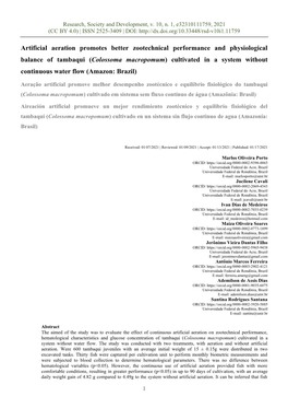 Artificial Aeration Promotes Better Zootechnical Performance and Physiological Balance of Tambaqui (Colossoma Macropomum) Cultiv