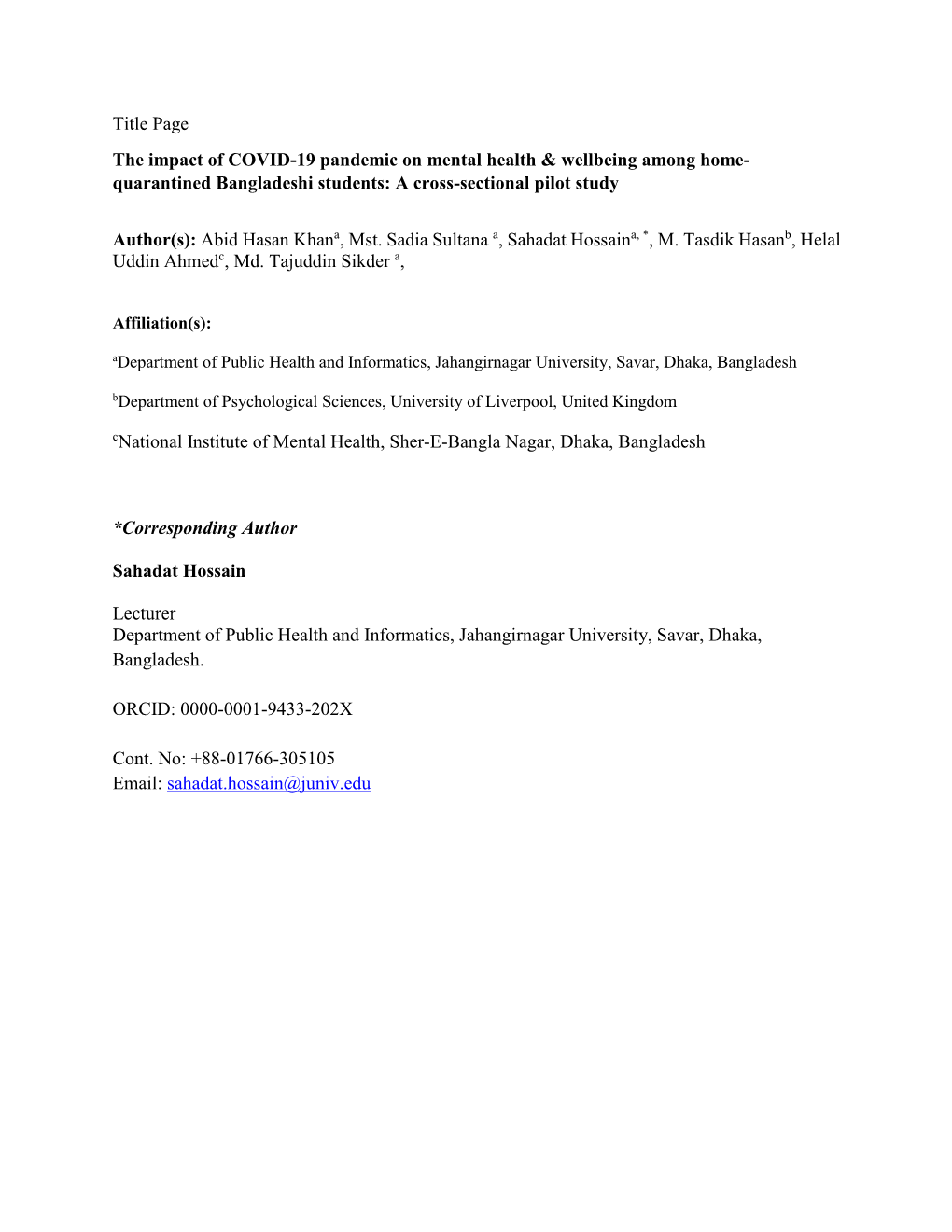 Title Page the Impact of COVID-19 Pandemic on Mental Health & Wellbeing Among Home- Quarantined Bangladeshi Students: a Cross-Sectional Pilot Study