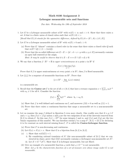 Math 8100 Assignment 3 Lebesgue Measurable Sets and Functions