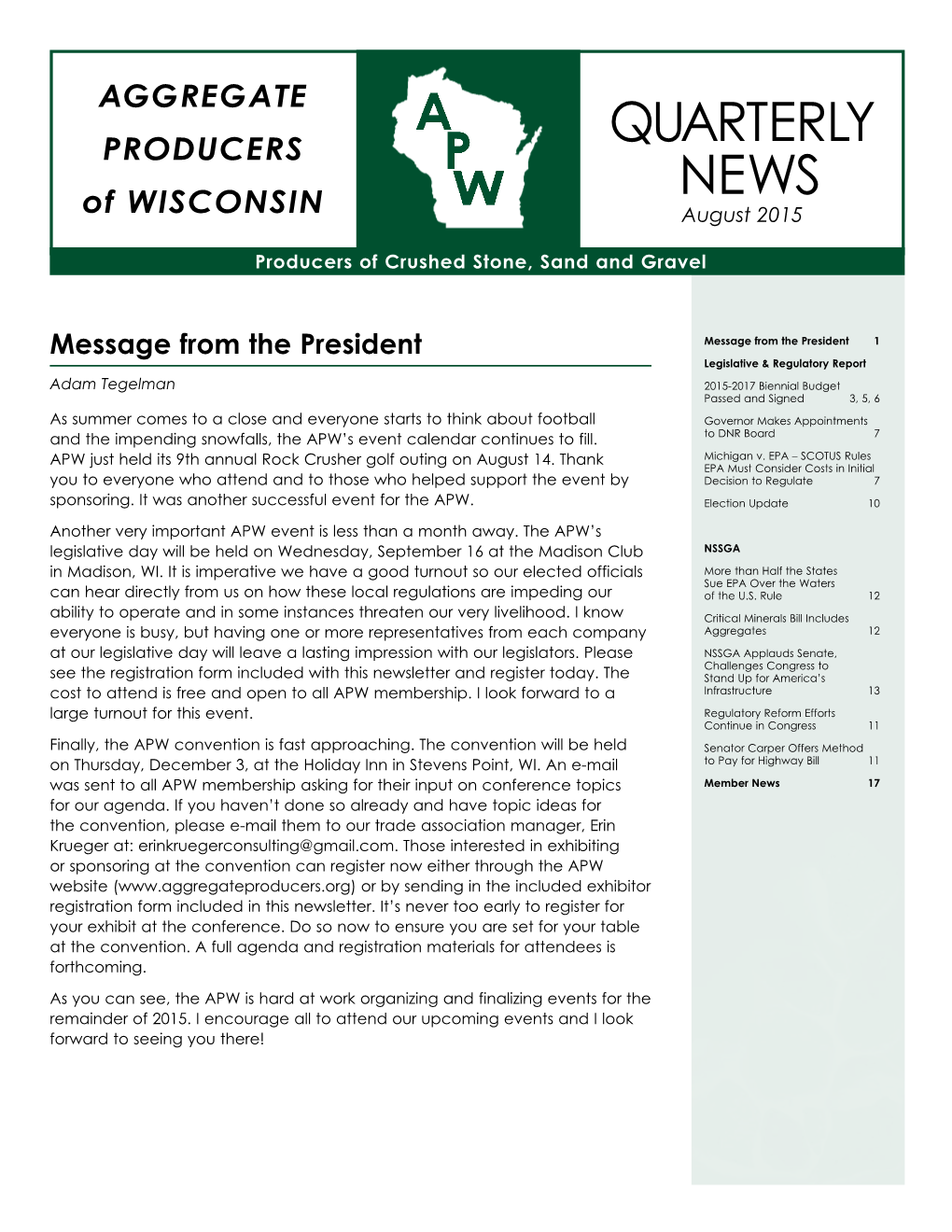 QUARTERLY NEWS of WISCONSIN August 2015