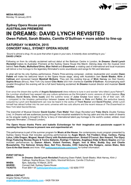 IN DREAMS: DAVID LYNCH REVISITED Owen Pallett, Sarah Blasko, Camille O’Sullivan + More Added to Line-Up