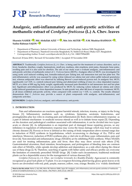 Analgesic, Anti-Inflammatory and Anti-Pyretic Activities of Methanolic Extract of Cordyline Fruticosa (L.) A