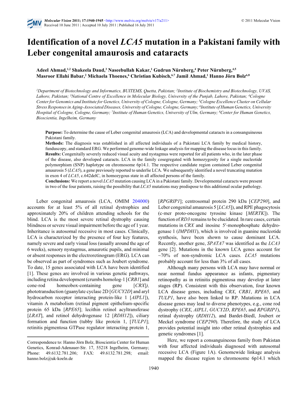 Identification of a Novel LCA5 Mutation in a Pakistani Family with Leber Congenital Amaurosis and Cataracts