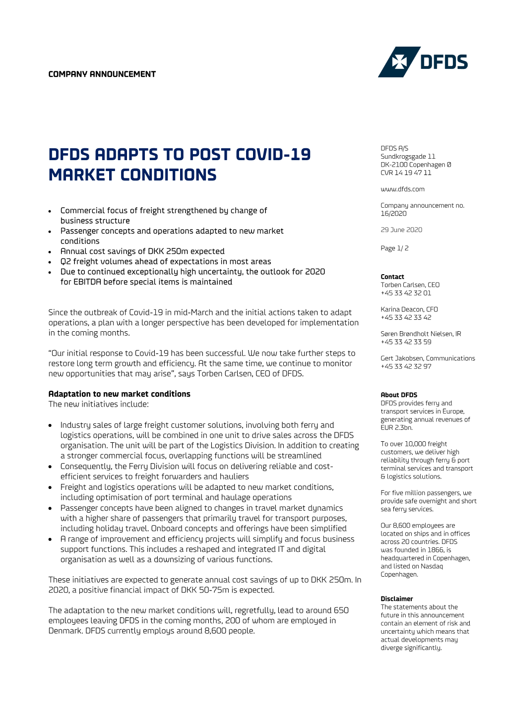 Dfds Adapts to Post Covid-19 Market Conditions