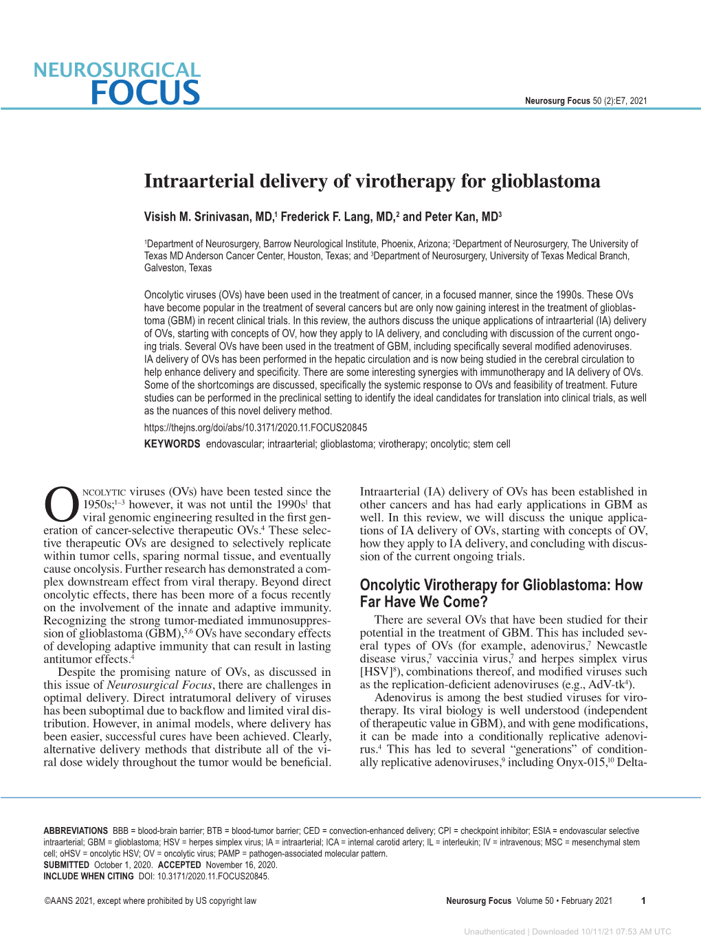 Intraarterial Delivery of Virotherapy for Glioblastoma