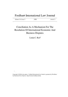 Conciliation As a Mechanism for the Resolution of International Economic and Business Disputes