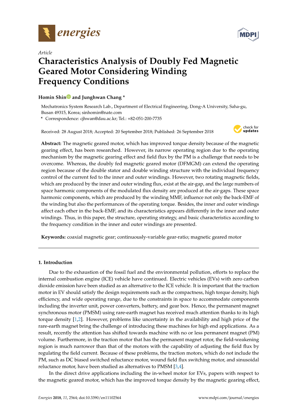 Characteristics Analysis of Doubly Fed Magnetic Geared Motor Considering Winding Frequency Conditions