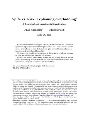 Spite Vs. Risk: Explaining Overbidding∗ a Theoretical and Experimental Investigation