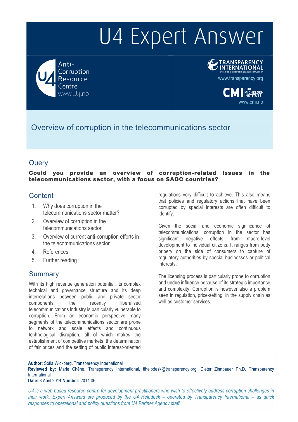 Overview of Corruption in the Telecommunications Sector