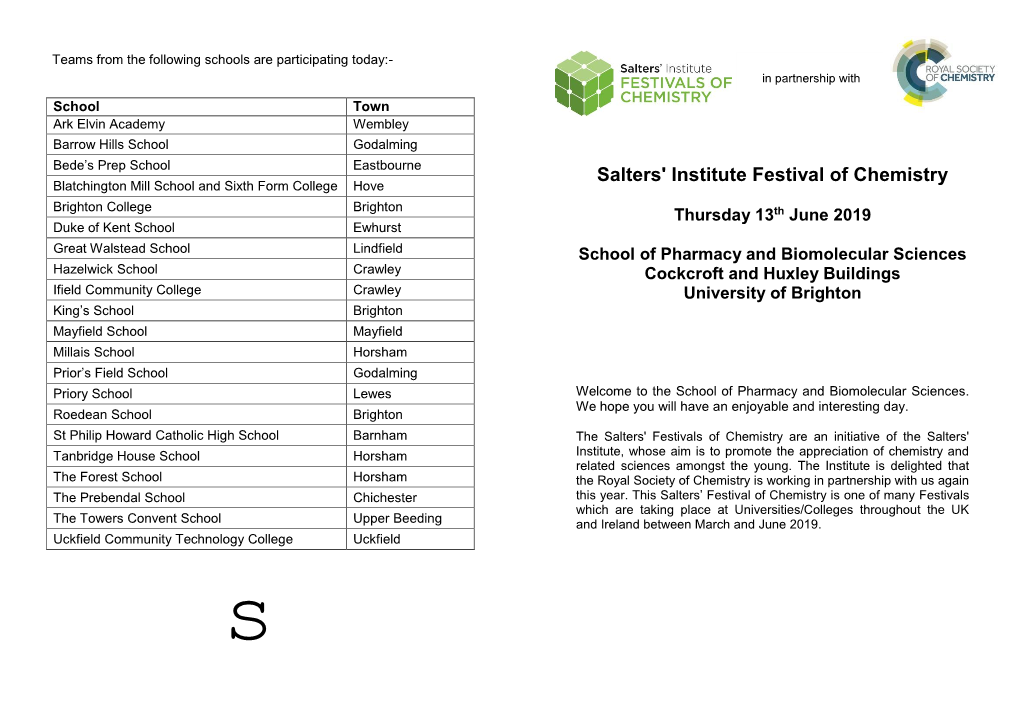 Salters' Institute Festival of Chemistry Blatchington Mill School and Sixth Form College Hove