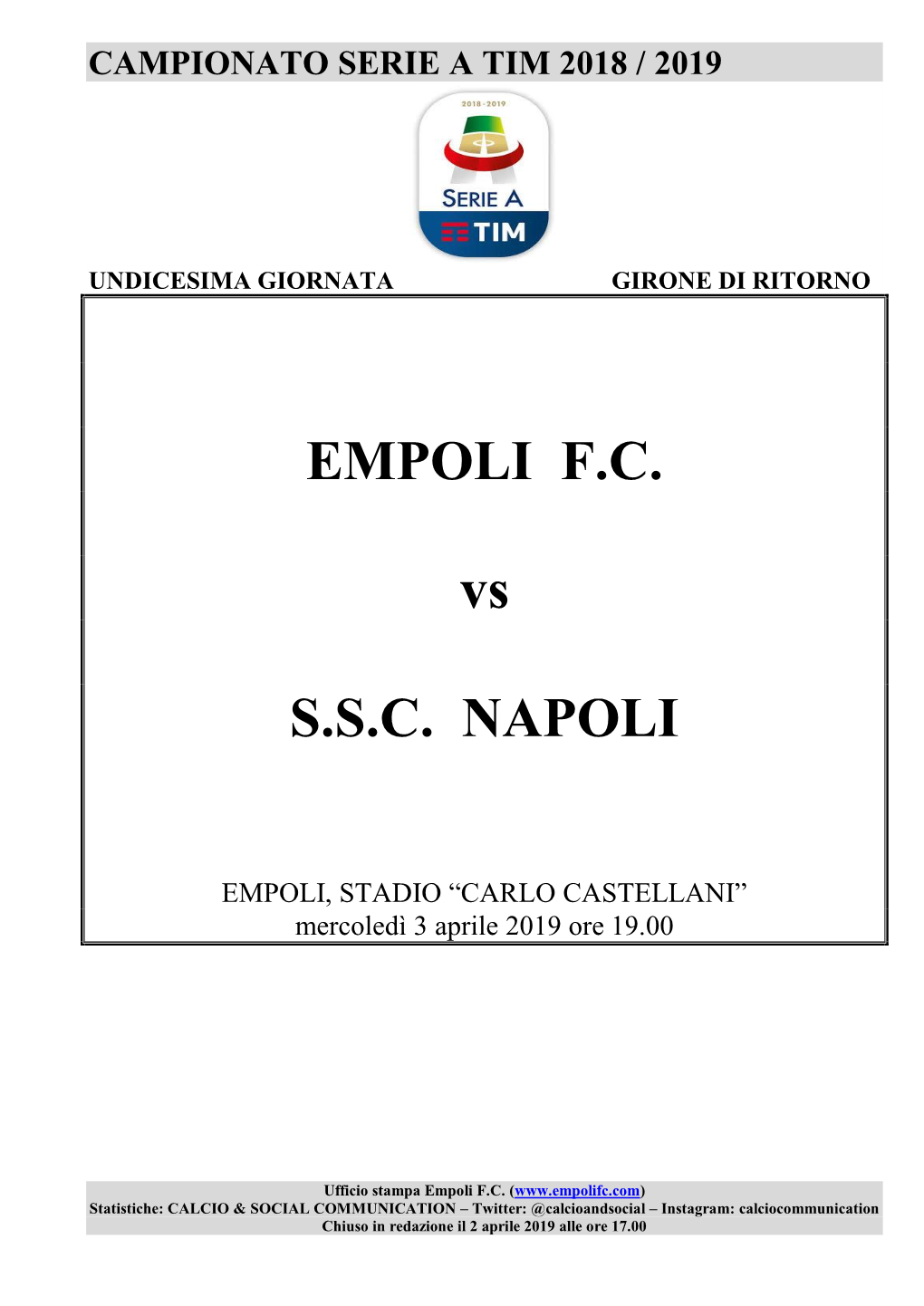 EMPOLI F.C. Vs S.S.C. NAPOLI