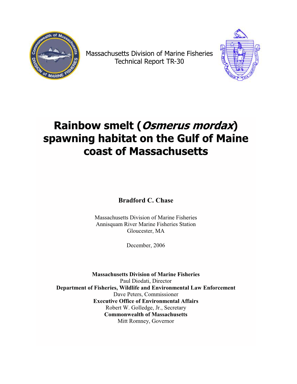 Rainbow Smelt (Osmerus Mordax) Spawning Habitat on the Gulf of Maine Coast of Massachusetts