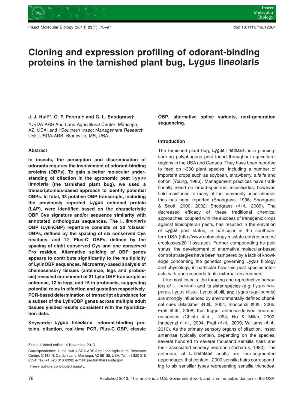 Cloning and Expression Profiling of Odorantbinding Proteins in the Tarnished Plant Bug, Lygus Lineolaris