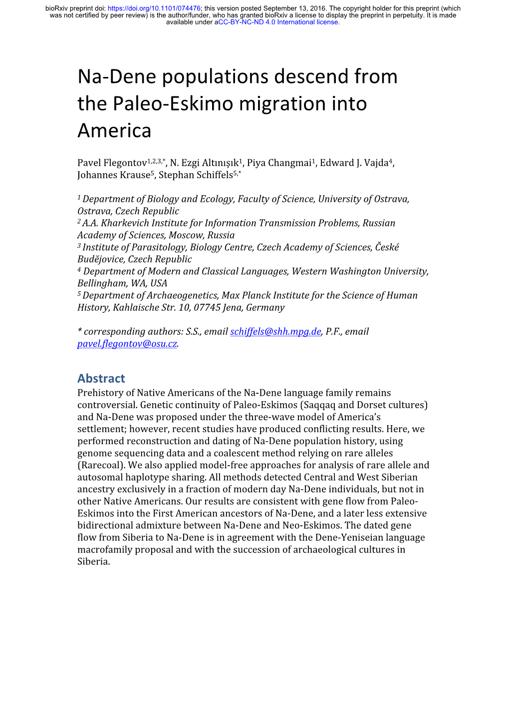 Na-Dene Populations Descend from the Paleo-Eskimo Migration Into America