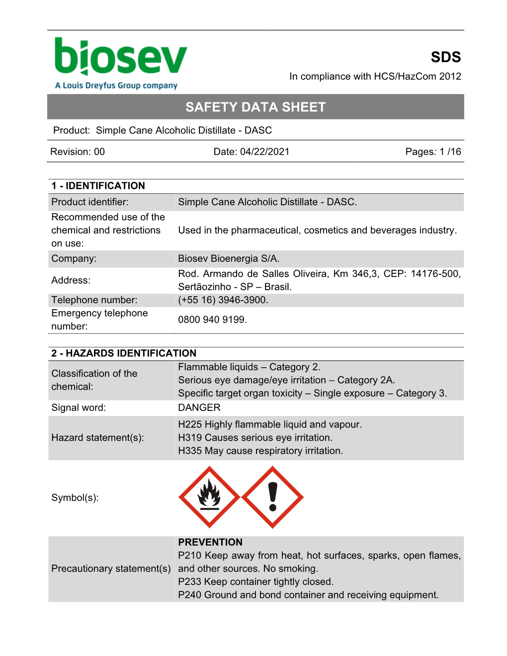 SDS Simple Cane Alcoholic Distillate