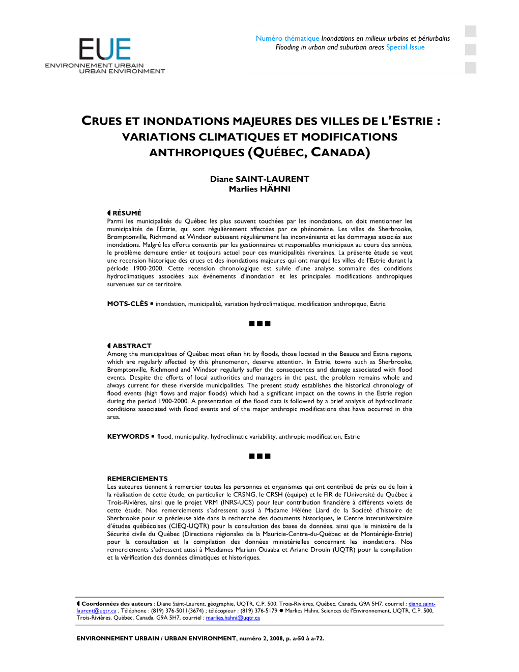 Crues Et Inondations Majeures Des Villes De L’Estrie : Variations Climatiques Et Modifications Anthropiques (Québec, Canada)