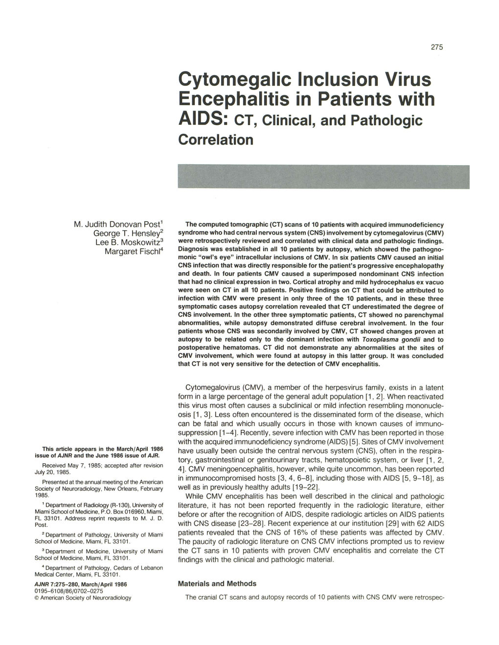 Cytomegalic Inclusion Virus Encephalitis in Patients with AIDS: CT, Clinical, and Pathologic Correlation