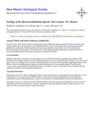 Geology of the Questa Molybdenite Deposit, Taos County, New Mexico William G