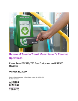 PRESTO/TTC Fare Equipment and PRESTO Revenue October 21, 2019