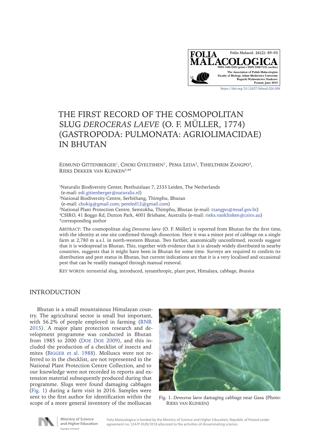 The First Record of the Cosmopolitan Slug Deroceras Laeve (O. F. Müller, 1774) (Gastropoda: Pulmonata: Agriolimacidae) in Bhutan