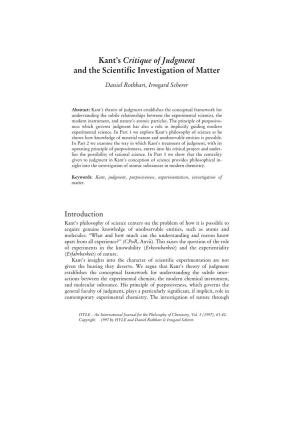 Kant's Critique of Judgment and the Scientific Investigation of Matter