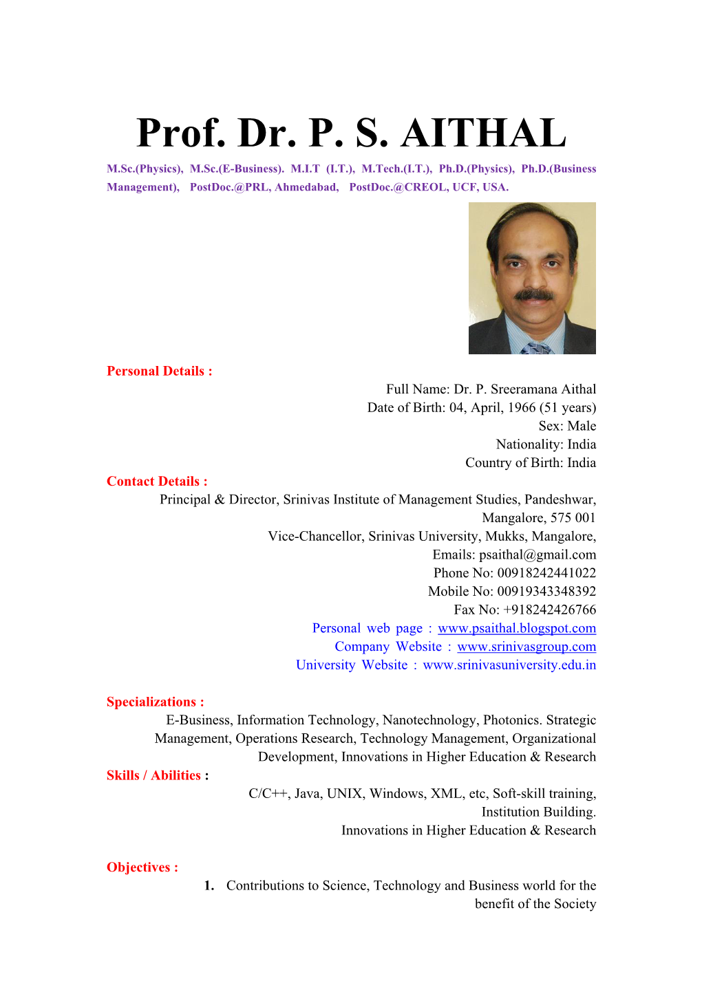 Prof. Dr. P. S. AITHAL M.Sc.(Physics), M.Sc.(E-Business) - DocsLib