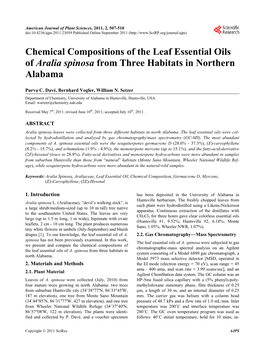 Chemical Compositions of the Leaf Essential Oils of Aralia Spinosa from Three Habitats in Northern Alabama