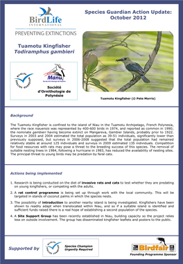 Species Guardian Action Update: October 2012 Tuamotu Kingfisher