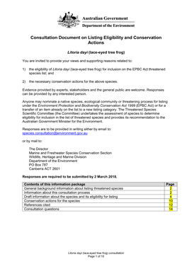 Consultation Document on Listing Eligibility and Conservation Actions Litoria Dayi