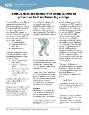 Serious Risks Associated with Using Quinine to Prevent Or Treat Nocturnal Leg Cramps